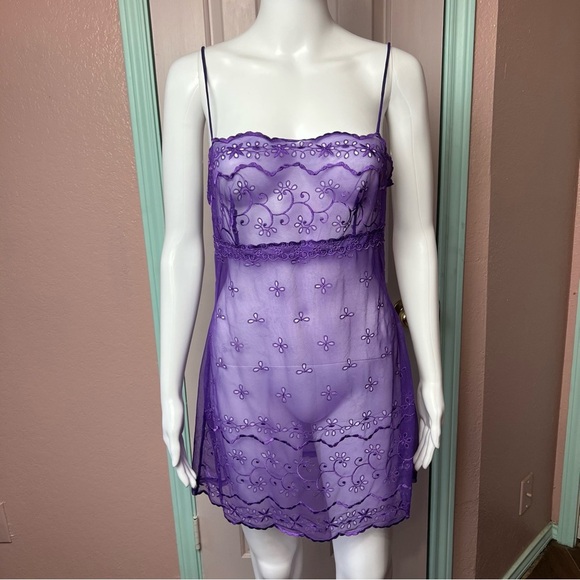 Y2K Victoria’s Secret Purple Sheer Embroidered Slip Dress Medium - Picture 1 of 6